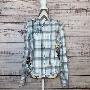 Women's Floral Embroidered Plaid Button Down Shirt